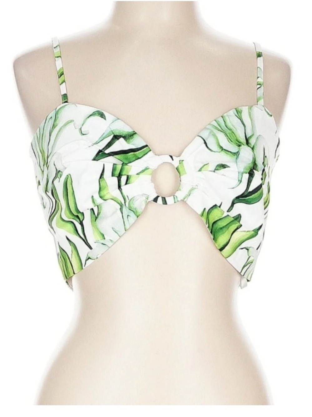 The Sang Tropical Leaf Print Cutout Crop Top Green White Vacation Resort L NWT